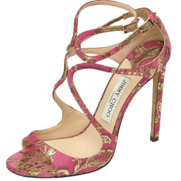 JIMMY CHOO Sandals Brocade Pink Gold Metallic LANCER Heels Leather Strappy 38